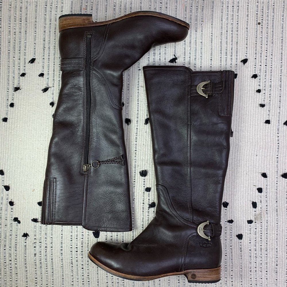 UGG Australia Amberlee Brown Leather Riding Boots - Picture 2 of 11